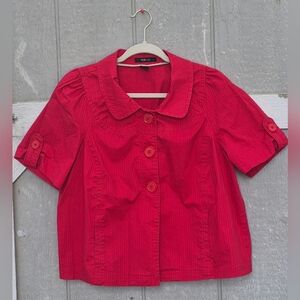 STYLE & CO. Women's Blouse Red Puff Sleeve Button Down Cotton Stretch Size XL